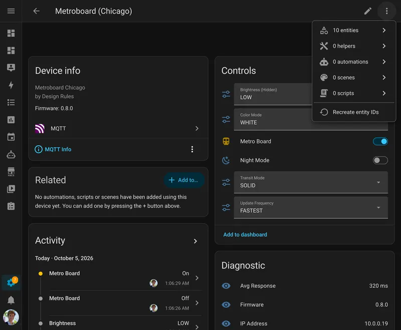 The Metroboard (Chicago) device page in Home Assistant, with controls for color mode, the light, night mode, transit mode and update frequency, and diagnostic sensors