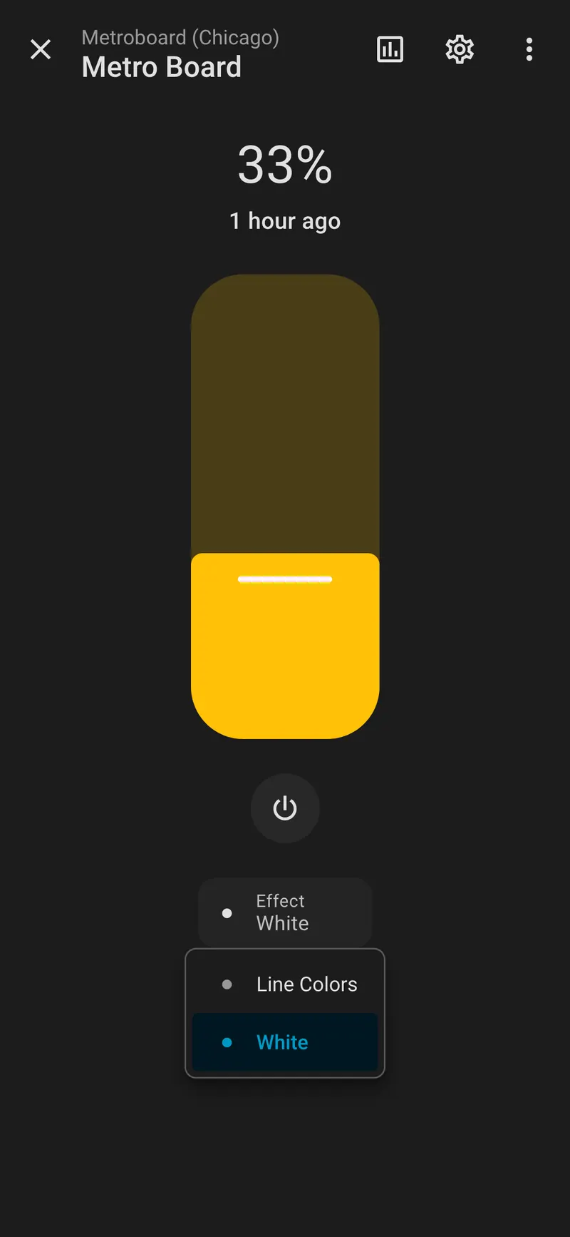 The Metroboard light's controls in the Home Assistant app: a brightness slider at 33%, a power button, and an Effect menu with Line Colors and White