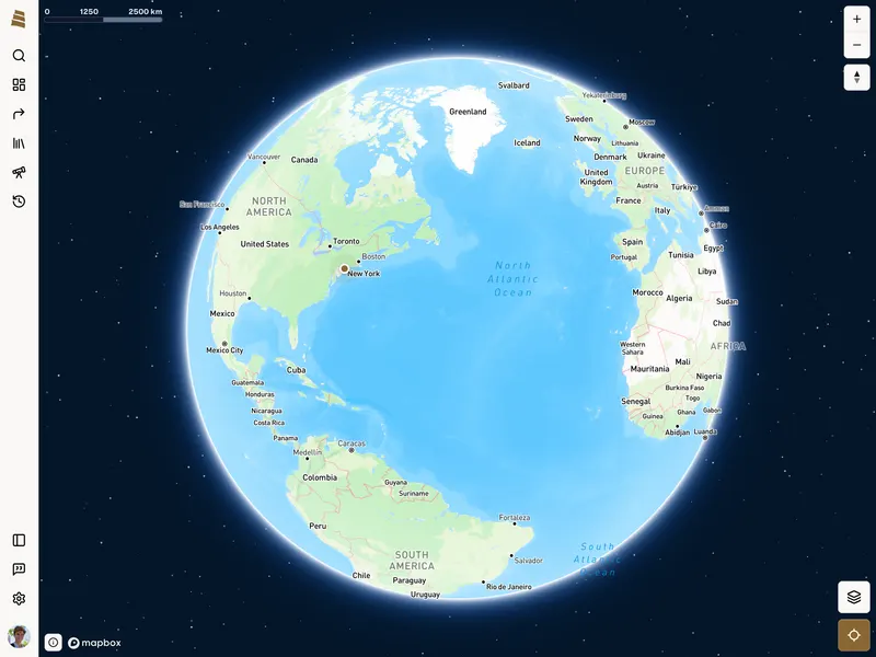 Parchment's globe view, with the Atlantic and labeled cities
