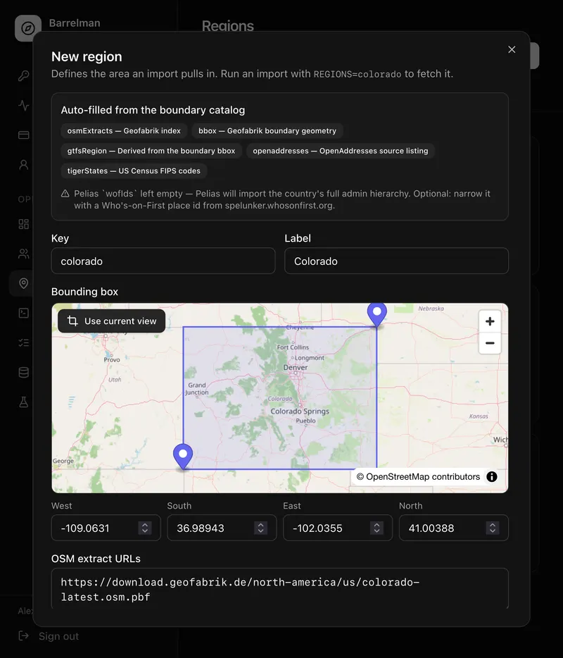Barrelman's new region dialog, with Colorado's boundary auto-filled and an editable bounding box