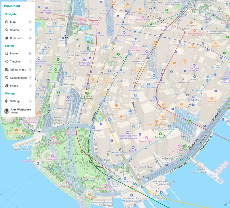 Lower Manhattan in 3D, with colored subway lines running through the buildings